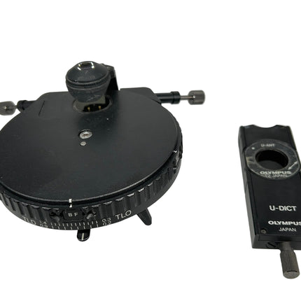 Olympus BX DIC Kit: U-UCDB-2 Universal Condenser U-DP 10/20/40/100 Prisms & U-DICT Slider components on display