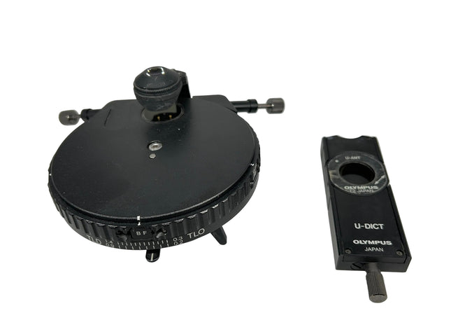 Olympus BX DIC Kit: U-UCDB-2 Universal Condenser U-DP 10/20/40/100 Prisms & U-DICT Slider components on display
