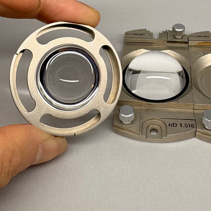 Parts of Leitz POL Microscope Fedorov Stage – n_D 1.516 / 1.554 / 1.649, showcasing refractive index group and vintage optical components.