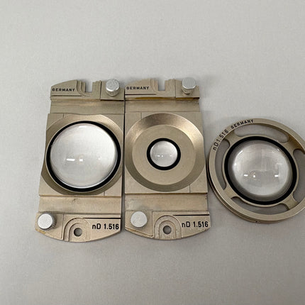 Parts of Leitz POL Microscope Fedorov Stage – n_D 1.516 / 1.554 / 1.649, vintage microscope parts with clear optics.
