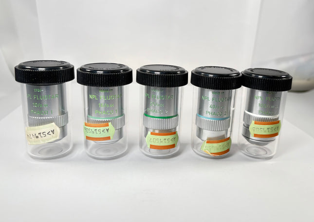 Set of 5 Leitz Microscope NPL FLUOTAR Phaco 10x 16x 25x 40x 100x Objectives