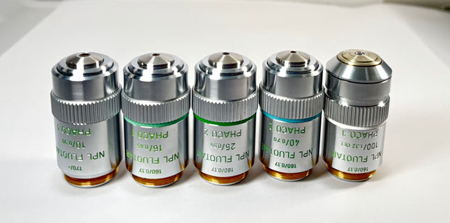 Set of 5 Leitz Microscope NPL FLUOTAR Phaco 10x 16x 25x 40x 100x Objectives