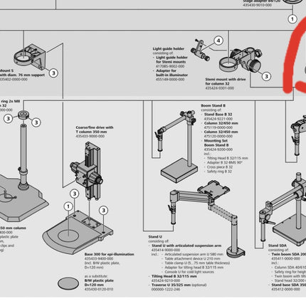 Zeiss Stereo Microscope Stemi Mount U 0-90° 1222-247 assembly diagram showing components and setup.