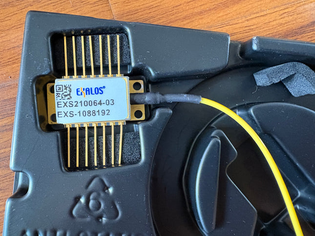 EXALOS EXS210064-03 840nm Broadband SLED Laser Diode 14-Pin Butterfly mounted on a base.