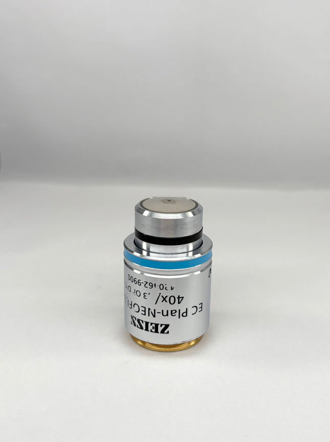 Zeiss EC Plan NEOFLUAR 40x1.30 Oil 420462-9900 M27 objective microscope lens displayed on a neutral background.