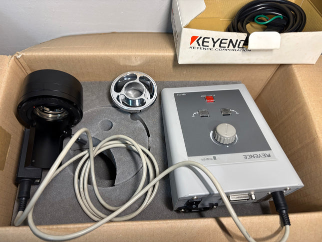Keyence VH-R1 Motorized 3D Rotation Controller with Ring Adapter Mint in original packaging and components.