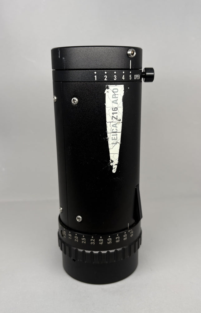 Leica Z16 APO Manual 16:1 Microscope Zoom Body 10447173 side view showing zoom settings and focus mechanism.