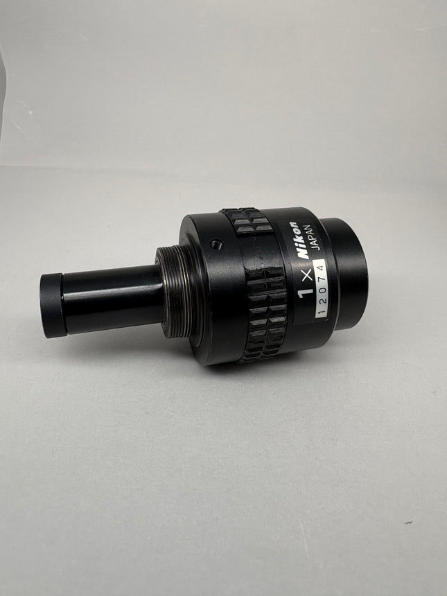 Nikon TM MM Objective Lens 1X f/ Measuring Tool Microscopes side view on gray background.