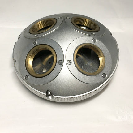 Olympus Microscope BHSP Nosepiece Turret shown from above with three viewports and brass fittings.
