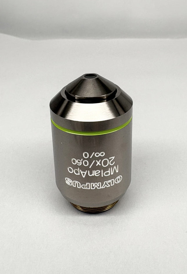 Olympus MPlanApo 20x0.60 ∞/0 RMS Objective microscope lens with silver body and green ring, showing labels clearly.