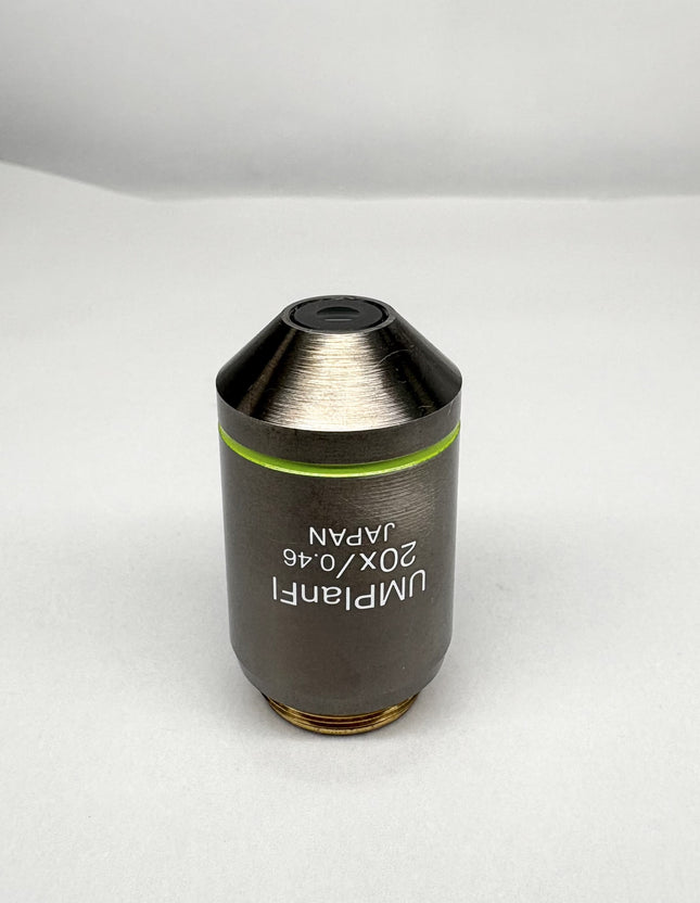 Olympus Microscope UMPlanFl 20x0.46 ∞/0 RMS Objective in a close-up view showing its design and specifications.