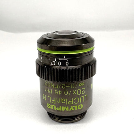 Olympus LUCPlanFL N 20x0.45 Ph1 ∞/0-2/FN22 UIS2 Objective lens showcasing magnification and numerical aperture details.