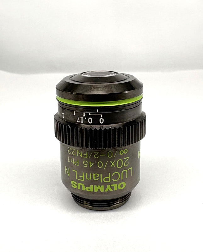 Olympus LUCPlanFL N 20x0.45 Ph1 ∞/0-2/FN22 UIS2 Objective lens showcasing magnification and numerical aperture details.