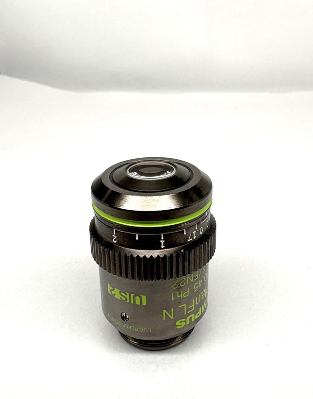 Olympus LUCPlanFL N 20x0.45 Ph1 ∞/0-2/FN22 UIS2 Objective lens with green markings and numeric aperture.