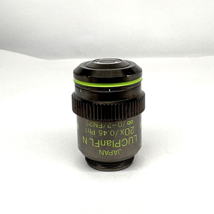 Olympus LUCPlanFL N 20x0.45 Ph1 ∞/0-2/FN22 UIS2 Objective lens with green detailing and black base.