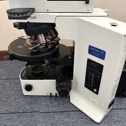 Olympus BX51 Polarizing Trinocular Microscope System with 4 UPlanFl P Objectives, featuring the microscope's main frame and optical components.