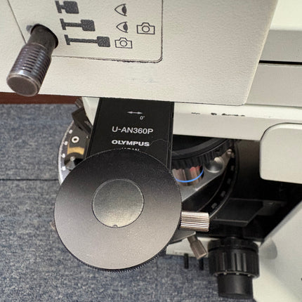 Olympus BX51 Polarizing Trinocular Microscope System with 4 UPlanFl P Objectives eyepiece and controls close-up view.