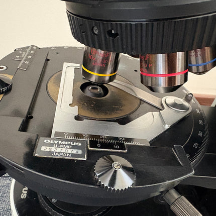 Olympus BX51 Polarizing Trinocular Microscope System with 4 UPlanFl P Objectives close-up view of optical components