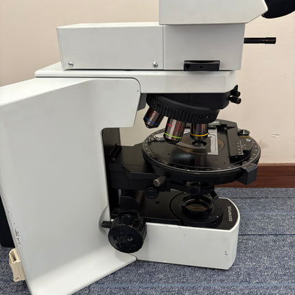 Olympus BX51 Polarizing Trinocular Microscope System with 4 UPlanFl P Objectives side view image showing objective lenses.