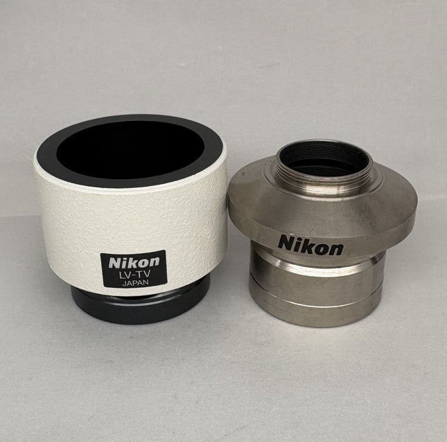 Nikon Microscope LV-TV C-mount adapter showing its two components in excellent condition.