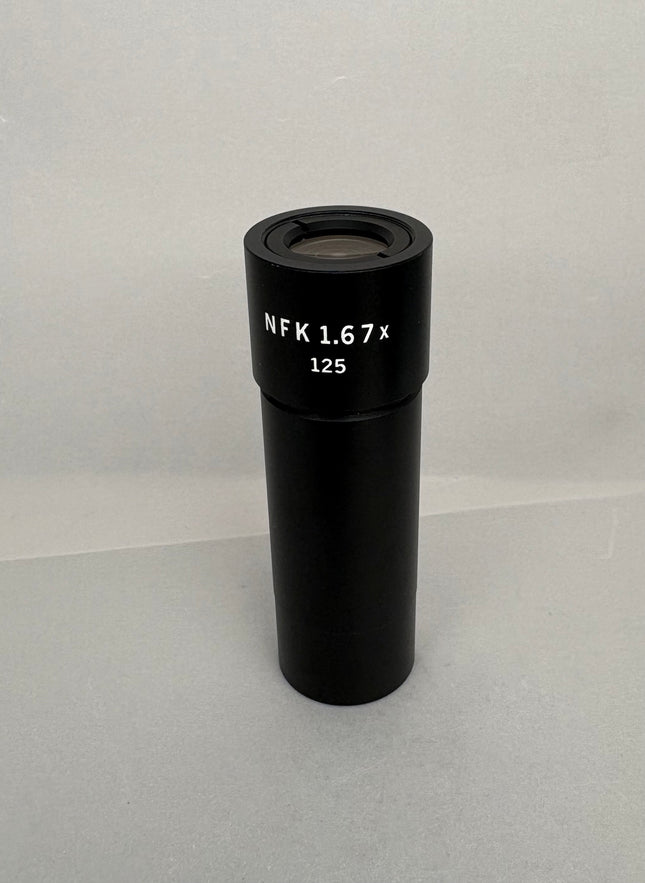 Olympus NFK 1.67x Microscope eyepiece Photo Relay lens in black with clear optical glass lens.