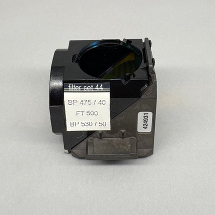 Zeiss Microscope Fluorescence Filter Cube Filter set 44 for AXIO, used filter cube in good optical condition.