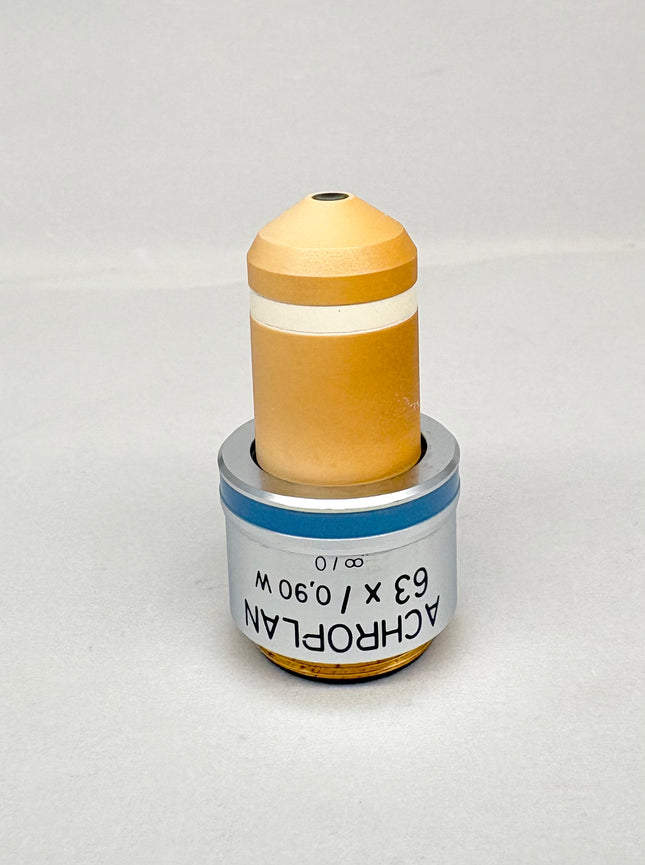 Zeiss ACHROPLAN 63x 0.90 Water Immersion Microscope Objective Lens displayed on a gray background.