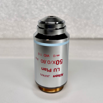 Nikon LU Plan 50X 0.80 Pol ∞/0 WD1.0 M25 Eclipse Microscope Objective shown from the side