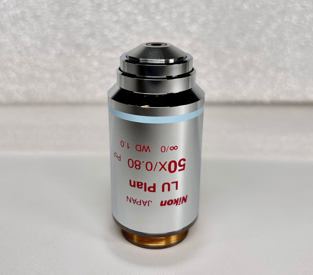 Nikon LU Plan 50X 0.80 Pol ∞/0 WD1.0 M25 Eclipse Microscope Objective shown from the side