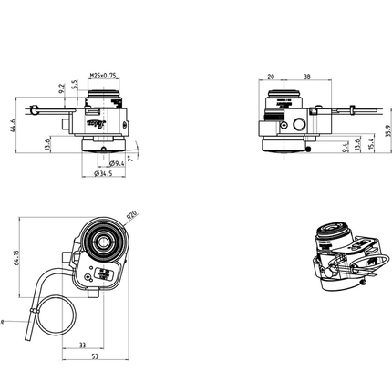 Leica Objective HC PL APO 93x/1,30 GLYC motCORR STED WHITE 506417 Technical drawing of a precision instrument showing multiple views and dimensions.
