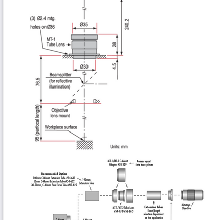 Diagram of Mitutoyo Microscope MT-1 f=200mm Accessory Tube Lens with dimensions and configurations.