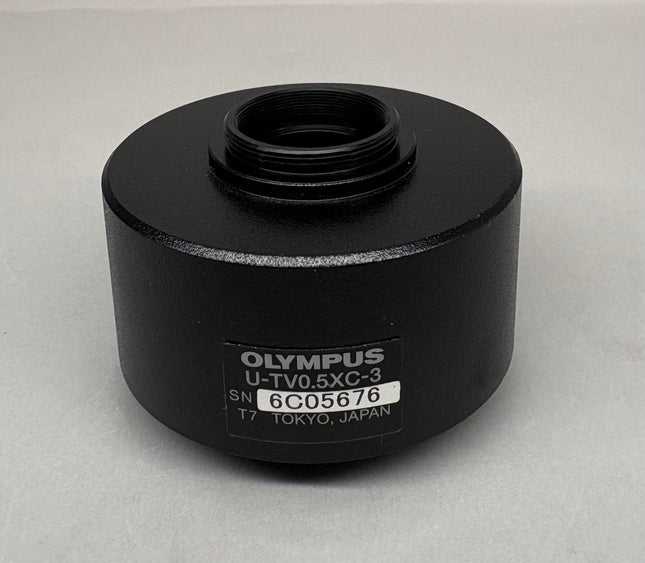 Olympus U-TV0.5XC-3 Microscope C-mount Camera Adapter showing black cylindrical design and label details.