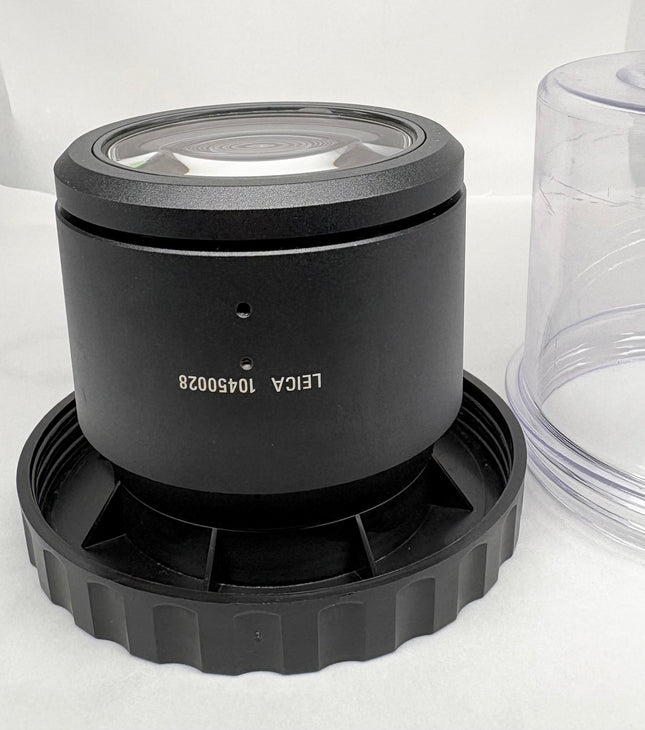 Leica PLANAPO 1.0x 10450028 Stereo Microscope Objective f/M-series with black casing and transparent cover.
