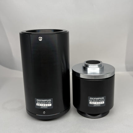 Olympus BX-DUV-TV3.5 / BX -DUV-TVB Microscope C-mount Camera Adapter displaying two components.