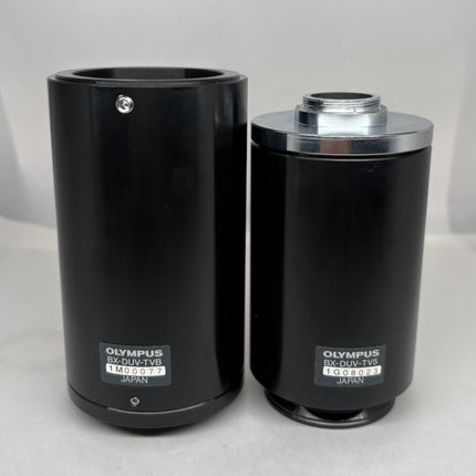 Olympus BX-DUV-TV5 / BX -DUV-TVB Microscope C-mount Camera Adapter displayed side by side in good optical condition.