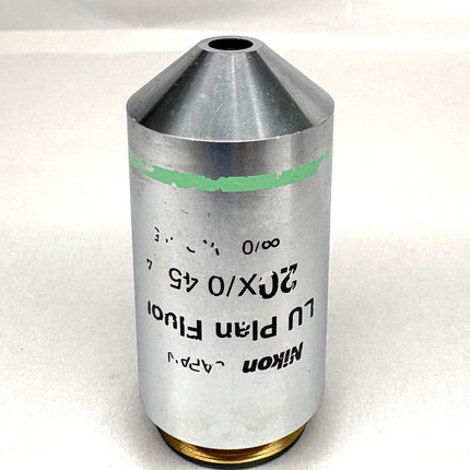Nikon Microscope Objective LU Plan Fluor 20X /0.45 ∞/0 EPI M25 image showing silver and black design.