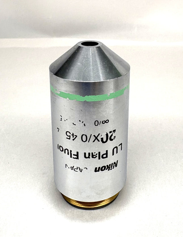 Nikon Microscope Objective LU Plan Fluor 20X /0.45 ∞/0 EPI M25 image showing silver and black design.