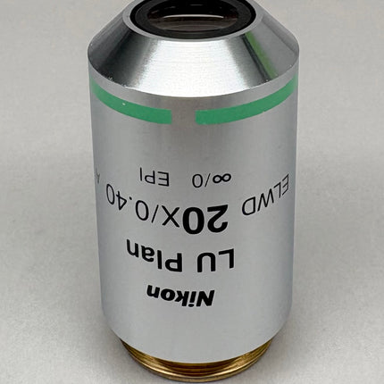 Nikon LU Plan ELWD 20x0.40 ∞/0 EPI WD 13 M25 Microscope Objective lens on a gray background.