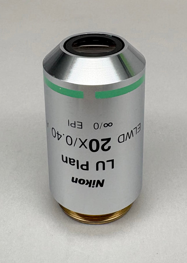 Nikon LU Plan ELWD 20x0.40 ∞/0 EPI WD 13 M25 Microscope Objective lens on a gray background.
