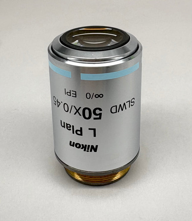 Nikon L Plan SLWD 50x0.45 ∞/0 EPI WD17 M25 thread Objective lens with magnification capabilities.