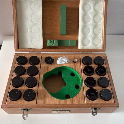Rare New Old Stock Olympus Phase Contrast NH NM PL PLL Objectives RMS in a wooden case with multiple lenses and compartments.