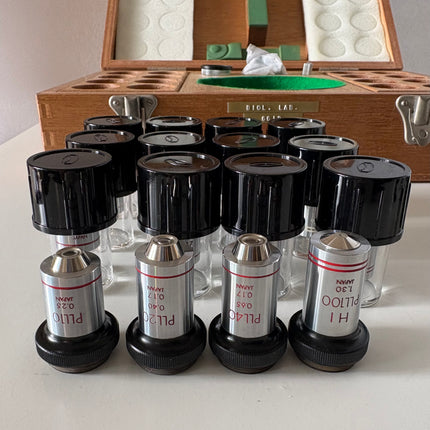 Rare New Old Stock Olympus Phase Contrast NH NM PL PLL Objectives RMS in a display case with various lens options