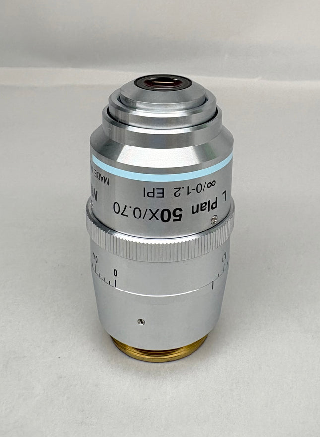 Nikon L Plan EPI CR 50x0.70 ∞/0-1.2 EPI OFN25 MUE35500 Objective lens angled view