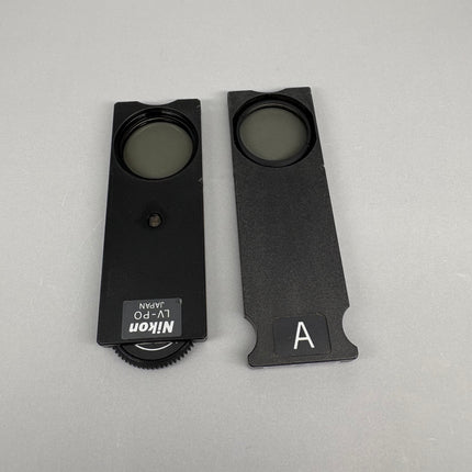 Nikon Analyzer Polarizer LV-PO & L-AN for Eclipse Microscopes parts shown side by side on a gray background.