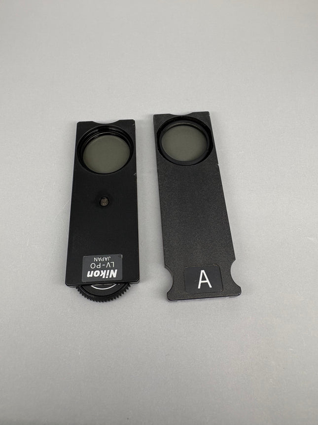 Nikon Analyzer Polarizer LV-PO & L-AN for Eclipse Microscopes parts shown side by side on a gray background.