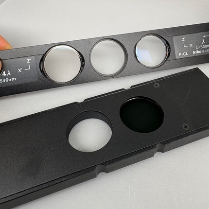 Nikon Pol Microscope P-I Intermediate Tube W/Analyzer-NC W/P-CL Quarter Wave Tint Plate components displayed.