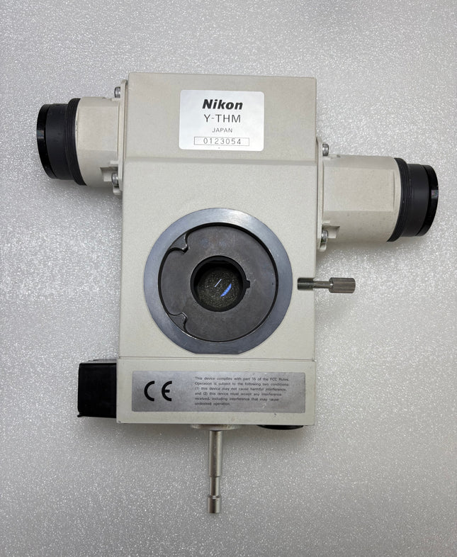 Nikon Microscope Y-THM Main Teaching Unit top view showing lens and attachments, used condition with missing light bulb.
