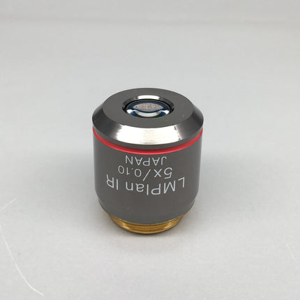 Olympus Objective LMPlan 5X0.10 IR ∞/0 RMS Thread for IR microscopy, showing RMS thread and optical design.