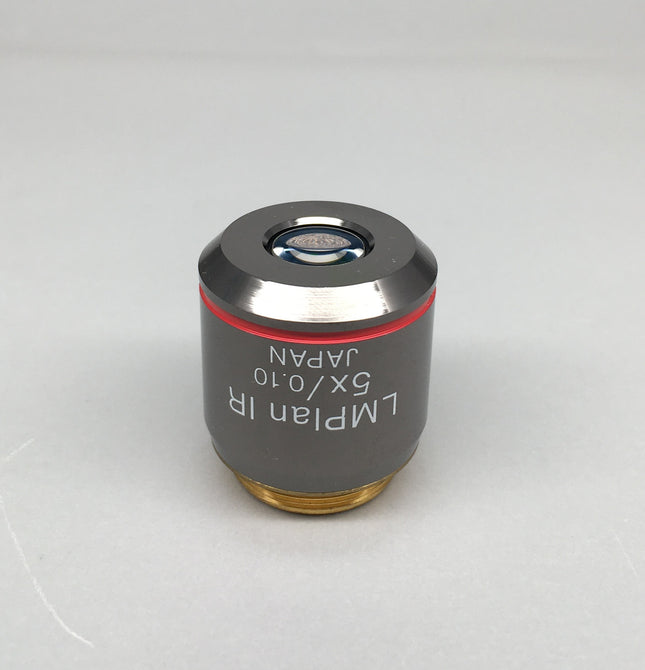 Olympus Objective LMPlan 5X0.10 IR ∞/0 RMS Thread for IR microscopy, showing RMS thread and optical design.