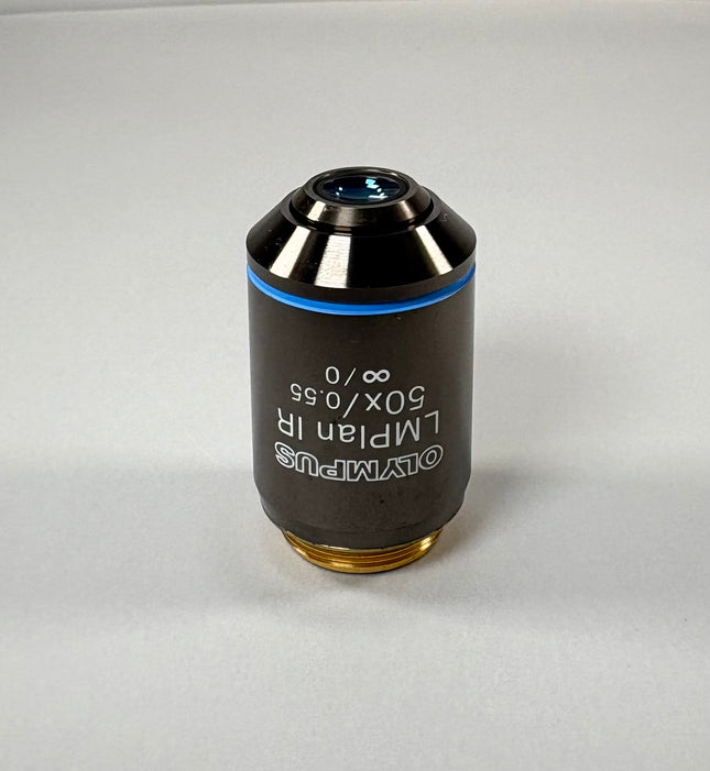 OLYMPUS LMPlan 50x IR lens for a microscope. The IR means it is good for seeing with invisible infrared light.